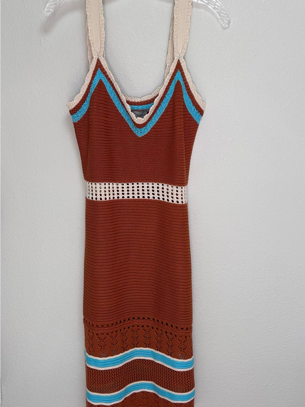 Absolutely Famous Brown Crochet Tank with Turquoise & Cream Trim